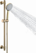 Adjustable Shower Slide Bar with 5-Function Handheld Shower Head, Stainless Steel Grab Slide Bar Combo with Extra Hose (Brushed Gold)