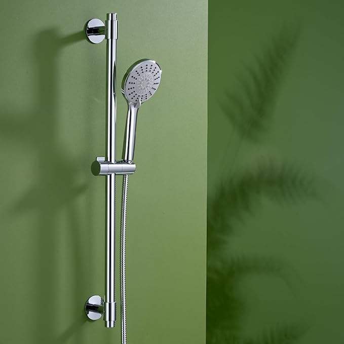 Adjustable Shower Slide Bar with 5-Function Handheld Shower Head, Stainless Steel Drill-free Mounted Slide Bar Combo with Extra Hose (Chrome)