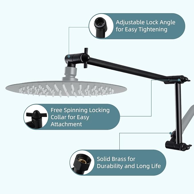 iFealClear All Metal 16" Shower Head Extension Arm, Solid Brass Shower Head Extender Adjustable Height Angle, G1/2 Universal Connection Stainless Steel Rain Showerhead Pipe with Lock Joint, MatteBlack