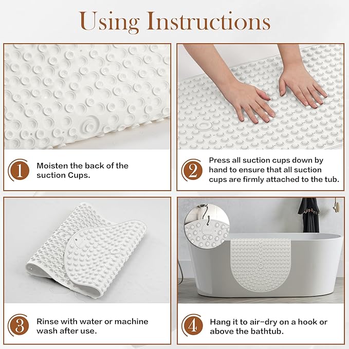 Silicone Push Pop Bath Mat with 391 Suction Cups, 33x17.3 Inch Non-Slip Tub Mat for Adults, Textured Surface for Extra Stability & Drainage, White Thickened Soft Shower mat Easy to Clean