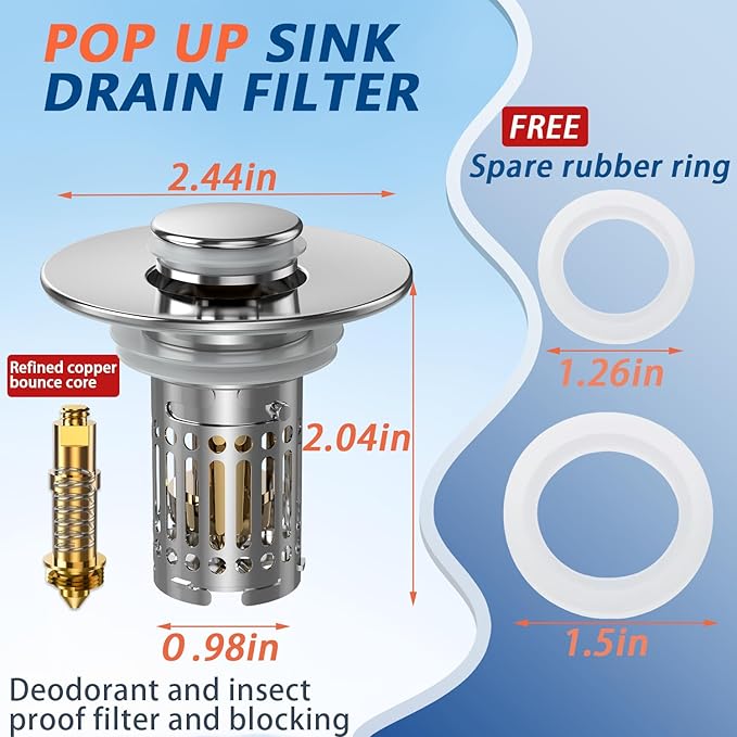 Bathroom Sink Stopper Hair Catcher, Pop Up Sink Drain Filter with Removable Stainless Steel Filter Basket Hair Catcher, for US Bathroom Sink Stopper Replacement. (1PCS)