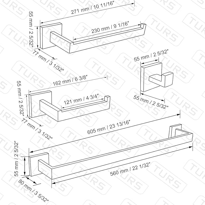 TURS 5-Piece Bathroom Hardware Set Polished Towel Bar Sets Include 23.4 Inch Towel Rail Hand Towel Bar Tissue Holder and 2 Towel Hooks, Stainless Steel Wall Mounted Towel Racks for Bathroom