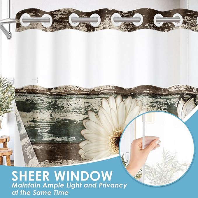 No Hook Vintage Flower Shower Curtain with Snap in Fabric Liner Set, Daisy Wooden Boards Double Layers Waterproof Fabric with See Through Top Window Open Grommet Bath Curtain 71x74 Inch