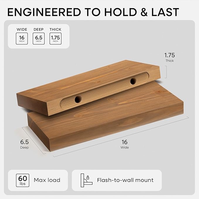 Homeforia 16 inch Golden Oak Floating Shelf, High End Solid Real Wood 16inch Small Floating Shelves for Wall Mounted, Oak Wooden 16in Floating Shelves, Heavy Duty Bracket, 16 X 6.5 X 1.75 in, Set of 2
