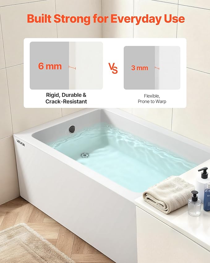 VEVOR Alcove Bathtub, 48" x 30" Contemporary Alcove Acrylic Bathtub, Soaking Bath Tub with Left Hand Drain and Overflow Hole, Large Rectangular Deep Soak Tub for Bathroom with Integral Flange, White