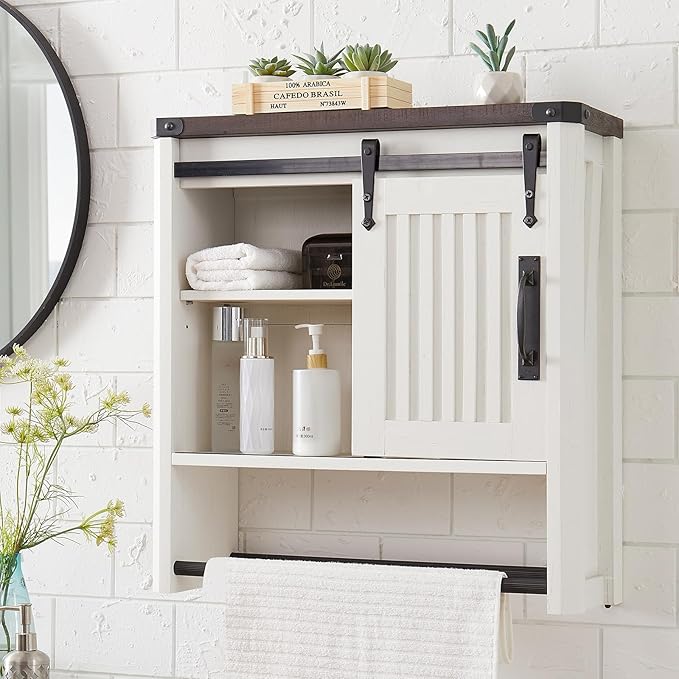 Bathroom Wall Cabinet, Farmhouse Medicine Cabinet with Sliding Barn Door & Adjustable Shelves, Wall Mounted Storage Cabinet for Toilet, Kitchen, Living Room (Antique White)