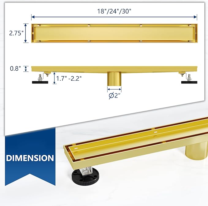 Neodrain 18-Inch Linear Shower Drain with Tile Insert Grate, Golden 304 Stainless Steel Rectangle Shower Floor Drain, Linear Drain with Leveling Feet, Hair Strainer