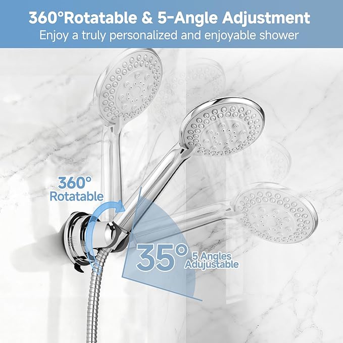 Suction Shower Head Holder，Removable Wall-Mount Handheld Shower Holder, No-Drill Adjustable Chrome Suction Cup 5-Angle Tilt & 360° Swivel
