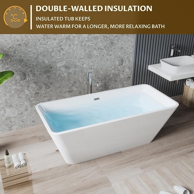 67" Free Standing Tub, Acrylic Soaking Bathtub, Stand Alone Freestanding Tub with Matte Sliver Drain and Overflow, Contemporary Bathtub for Bathroom, Elegant White