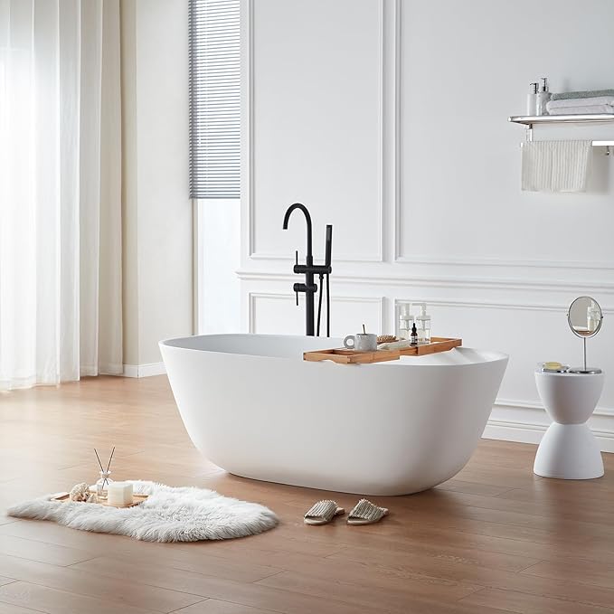 Cpingao 66.9"Lx33.5"Wx22"T Stone Resin Solid Surface Freestanding Bathtub, Modern Elegant Design Soaking Stand Alone Tub, Matte White, Nickel Drain and Overflow Included 8823A