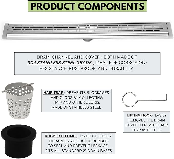 SereneDrains 304 Stainless Steel 40 Inch Linear Polished Chrome Shower Drain Kit Broken Lane Linear Shower Drains for Tile Floor Long Hair Catcher Strainer Cover Bathroom (Polished Chrome, 39 Inch)