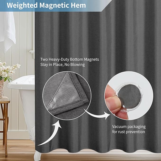 2-in-1 Waterproof Extra Long Fabric Shower Curtain or Liner,Linen Textured,84 Inch Breathable TPU & Washable Bathroom Shower Curtain Set with 12 Plastic Hooks,Modern,72"x96" Charcoalgrey