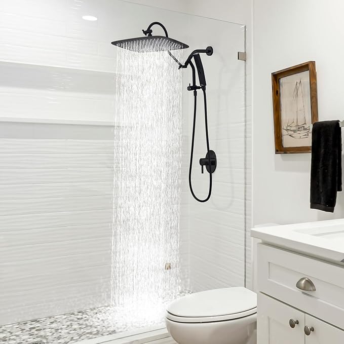G-Promise All Metal 16 Inch Shower Head with Massage Mode Handheld, Rain Shower Head with Handheld Spray Combo, 3-Way Diverter with Pause Setting, 13 Inch Adjustable Extension Arm (Matte Black)