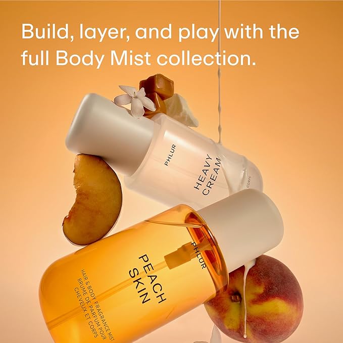 PHLUR Peach Skin Body Mist - Hair & Body Fragrance Mist - Peach, Plum, Bergamot, Milky Sandalwood & White Freesia Body Spray (8 Fl Oz)