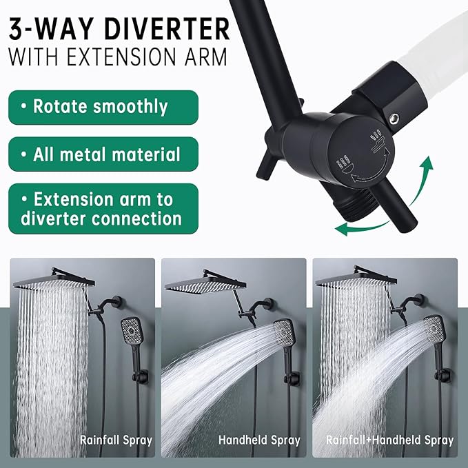 Shower Heads with Handheld Spray Combo, 13 Inches Rain Shower Head with 4 Mode Handheld Wand, and 13 Inches Adjustable Extension Arm, 3 Way Diverter Valve, Extra Long Hose (Matte Black)