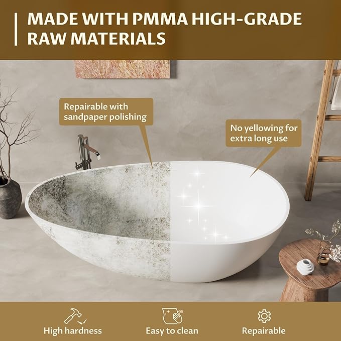 67" Resin Stone Freestanding Bathtub, Soaking Tub, Ergonomic Design, Easy Installation for Modern Spa Bathrooms, Matte White