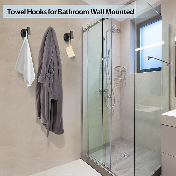 Kruodop Towel Hooks for Bathroom,2 Packs Wall Mount Towel Holder,Black Matte Wall Robe Hook,Stainless Steel Heavy Duty Door Hanger Towel Hook for Kitchen, Bedroom,Hotel,Pool,Coats(Drilling)