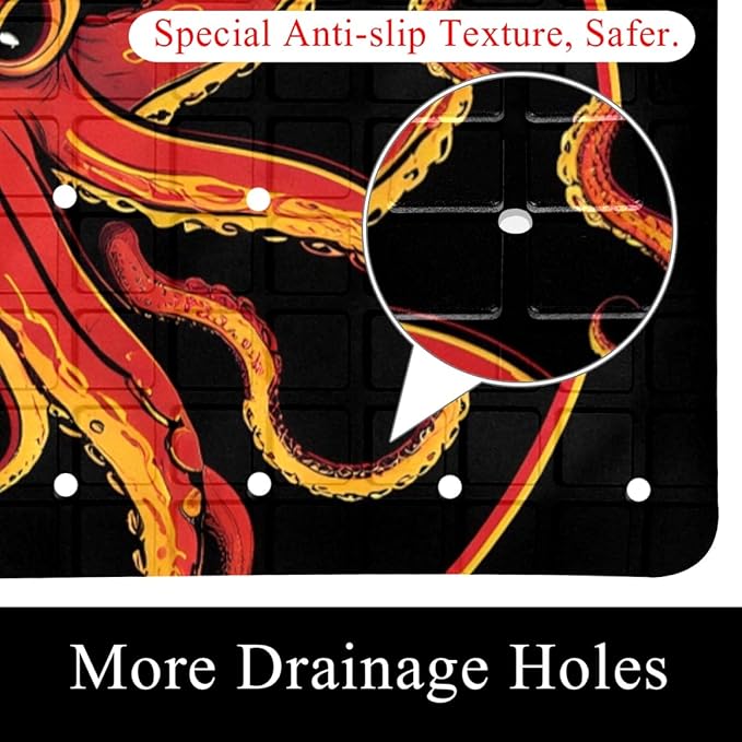 Bathtub Mats for Shower Tub, Anti-Slip Bath Mats for Inside Tub, Bathroom Shower Mats with Drain Holes and Suction Cups (Aesthetic Red and Yellow Octopus Black Background)