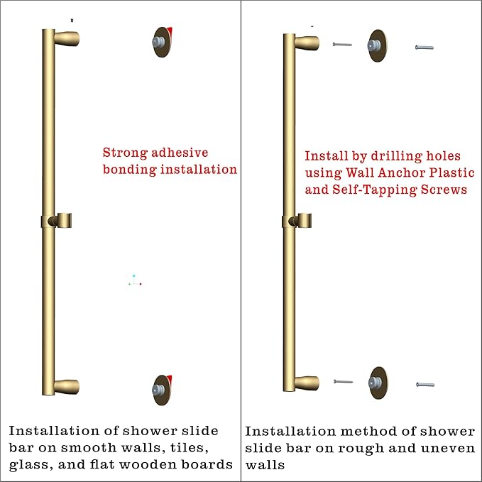 RRAJJ Shower Slide bar That is Installed by pasting or Punching Holes，Adjustable Height 28 inch of All SUS304 Stainless Steel Shower Head Holder(All Stainless Steel-Brushed Gold)