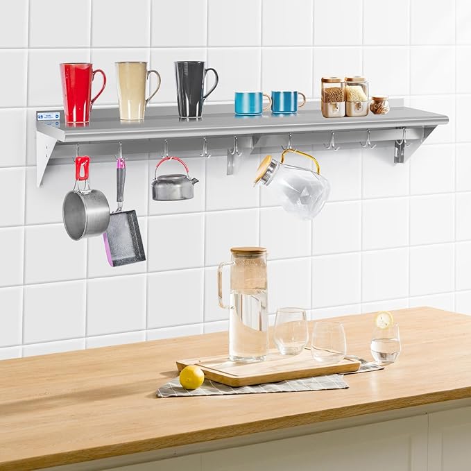 Hally Stainless Steel Shelf with 9 Hooks 18" x 72" Wall Mounted Pot Rack 500lb, NSF Commercial Floating Shelving for Storage Hanging Pots, Pans, cookware in Restaurant, Kitchen, Home and Hotel