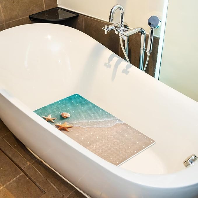 Bathtub Mats for Shower Tub, Anti-Slip Bath Mats for Inside Tub, Bathroom Shower Mats with Drain Holes and Suction Cups (Summer Beach Starfish Seashells Turquoise Water)