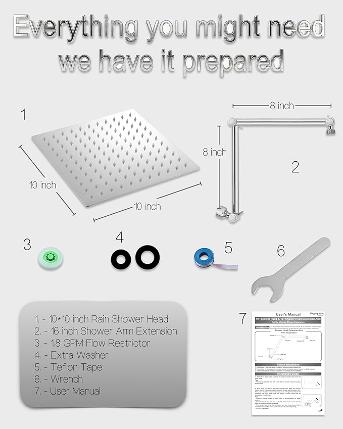 All Metal Rain Shower Head, 10'' High Pressure Rainfall Square Showerhead with 16" Shower Head Extension Arm, Brass Adjustable Shower Arm Extender, Waterfall fixed Showerheads, Chrome
