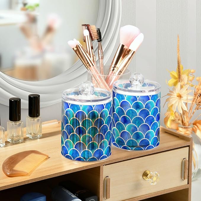 MNSRUU 2 Pack Qtip Holder Organizer Dispenser Blue Scales Of Mermaid Bathroom Storage Canister Cotton Ball Holder Bathroom Containers for Cotton Swabs/Pads/Floss