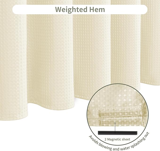 Inhousolu Fabric Shower Curtain Waffle Weave, 230 GSM Heavy Duty, Weighted Hem, 12 Metal Hooks, Water Repellent, Machine Washable, Hotel Spa Luxury Bath Curtain Set, 60 x 72 Inch, Ivory