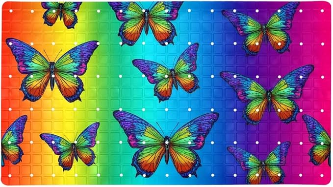 Bath Tub and Shower Mats, Non Slip Bathmat with Drain Holes and Suction Cups for Bathroom Floor, 15.1 x 26.8 Inch (Colorful Butterflies on Vibrant Gradient Background)