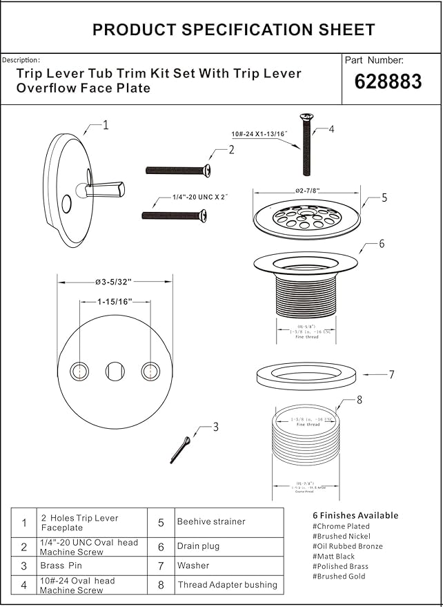 Artiwell Trip Lever Tub Trim Kit Set With Trip Lever Overflow Face Plate, Trip Lever Bathtub Drain with Strainer, Overflow and Matching Screws (OIL RUBBED BRONZE)