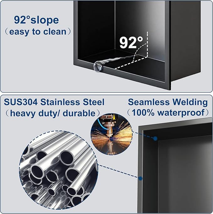 Neodrain 12X30 in Shower Niche, Gun Metal 3-Tier Wall Niche Stainless Steel Cabinet No Tile Needed Recessed Niche for Bathroom Storage
