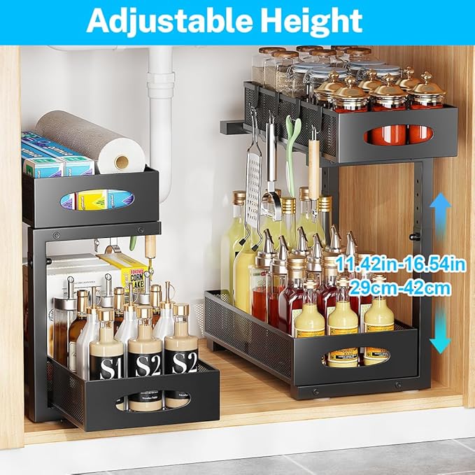 Under Sink Organizer, 2-Tier Pull Out Cabinet Organizer with Adjustable Height, Use in Kitchen Bathroom Cabinet and Countertop Storage, Black