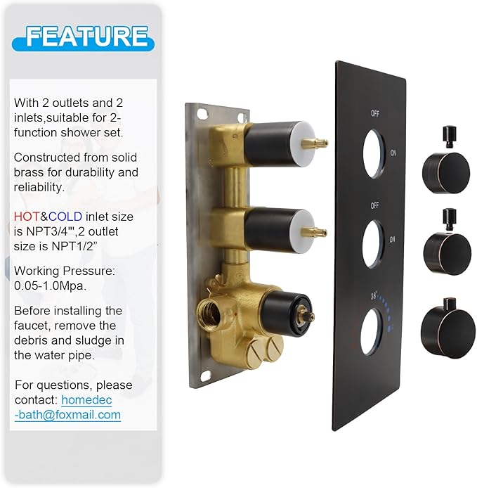 2 Way Shower Diverter Valve Brass Dual Functions Thermostatic Shower Mixing Valve Kit 3 Handle Flow Control Valve, 3/4 Inch Inlet, Can Run Simultaneously, Oil Rubbed Bronze