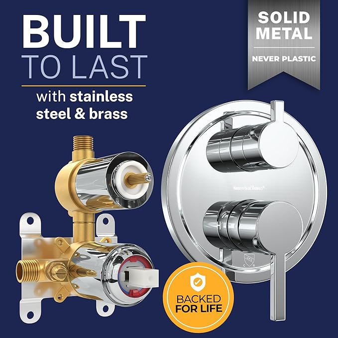 HammerHead Showers Solid Metal Shower Valve and Trim Kit, Two-Handle Volume and Temperature Control with Integrated Diverter, Pressure Balance Rough-In Valve Included, Chrome