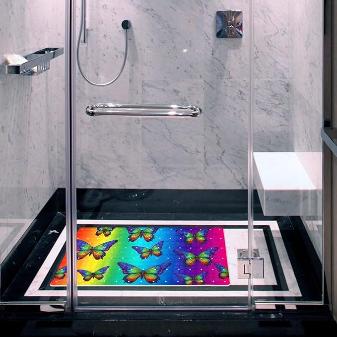 Bath Tub and Shower Mats, Non Slip Bathmat with Drain Holes and Suction Cups for Bathroom Floor, 15.1 x 26.8 Inch (Colorful Butterflies on Vibrant Gradient Background)