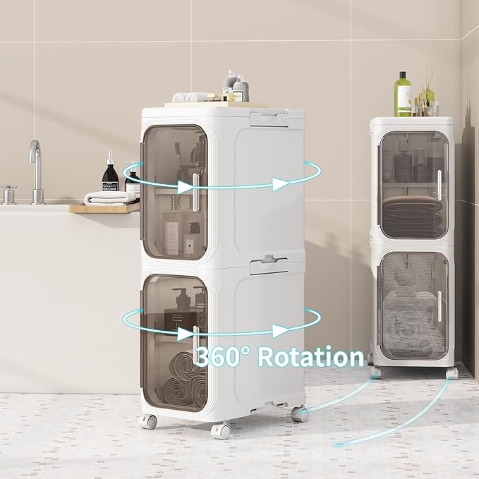 KHNR 4-Tiers Slim Bathroom Storage Cabinet, Foldable Storage Cabinets,Narrow Bathroom Storage,Movable Bathroom Storage Organizer for Small Spaces,Bathroom,Kitchen,Laundry,White