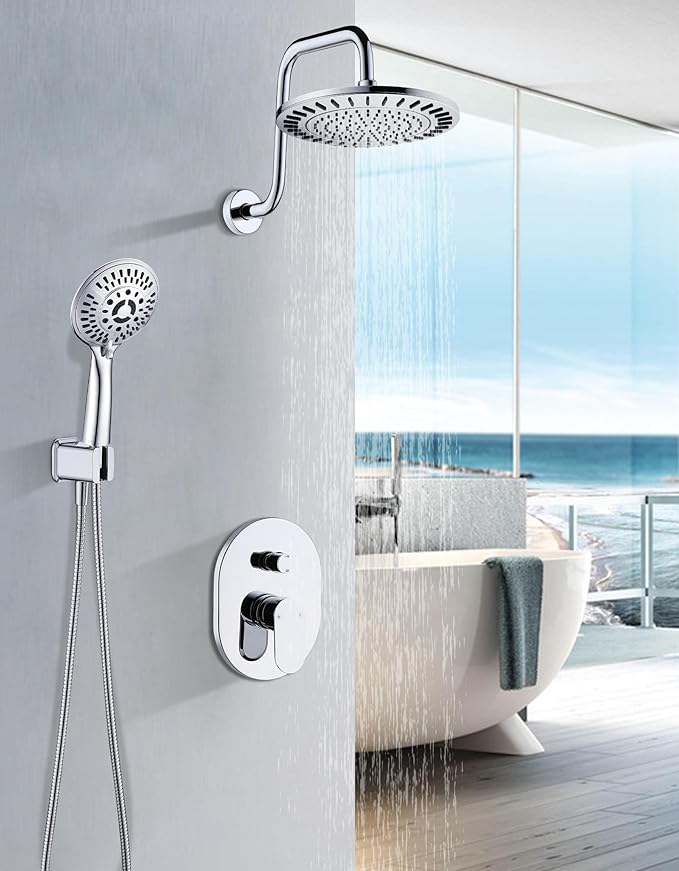 BRIGHT SHOWERS Shower Faucet Set, Shower System with Shower Valve Trim Kit, Double Handle Shower Fixture Rainfall Shower Head and 9-Setting Handheld Spray Combo, Valve Included, Chrome