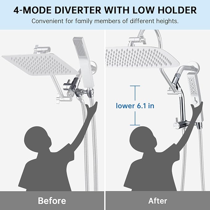 G-Promise All Metal 12 Inch Shower Head with Massage Mode Handheld, Rain Shower Head with Handheld Spray Combo, 3-Way Diverter with Pause Setting, 13 Inch Adjustable Extension Arm (Polished Chrome)