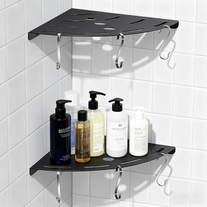 XIHLZYEH Corner Shower Shelves, 2 Pack 304 Stainless Steel Shower Shelf with 6 Hooks 40 lbs Heavy Duty, Rustproof Wall Mounted Organizer for Bathroom Drilling Installation(Black)