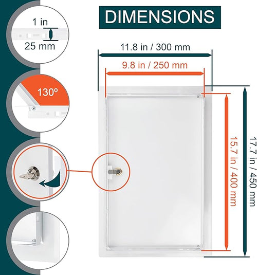 10" x 16" Lockable White Metal Access Panel - Service Shaft Door with Key - Plumbing, Electricity, Heating, Alarm Wall Access Hole Cover for Bathroom Services
