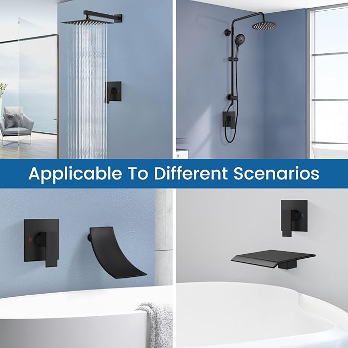 Airuida Square Single-Function Brass Faucet Shower Rough-in Valve Male Thread Bathroom Trim Kit Single Handle Tub Shower Valve 5.5 Inch Cover Plate Matte Black