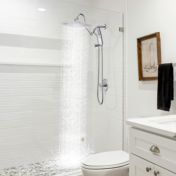 G-Promise All Metal 12 Inch Shower Head with Massage Mode Handheld, Rain Shower Head with Handheld Spray Combo, 3-Way Diverter with Pause Setting, 13 Inch Adjustable Extension Arm (Polished Chrome)