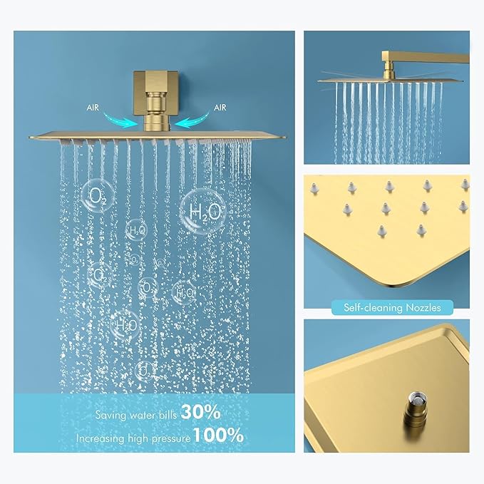 Shower System Brushed Gold Shower Faucets Sets, Bostingner 10" Rain Shower Head with 2 In 1 Handheld Spray and 4 Body Jets, Wall Mounted All Metal 3 Way Shower Set with Rough-in Valve and Trim Kit