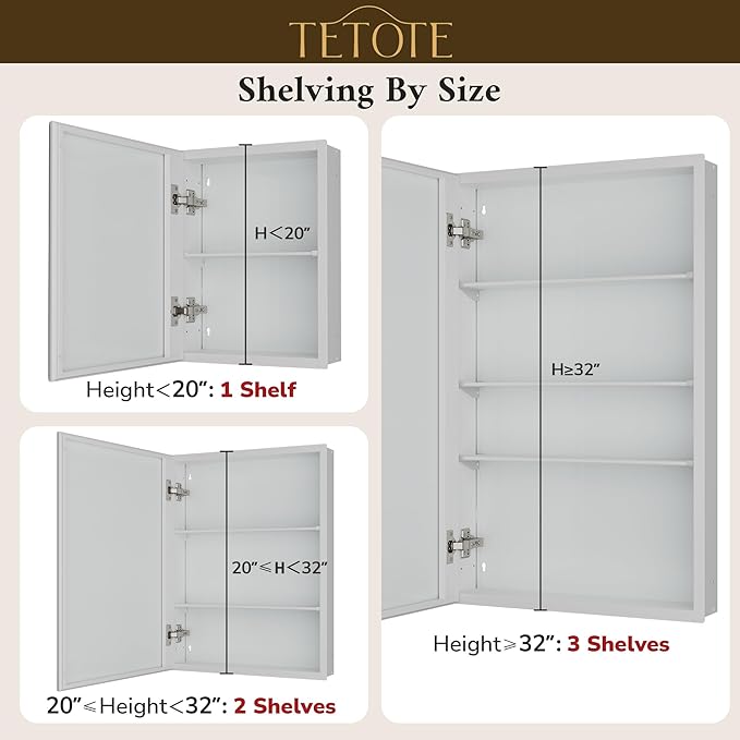 TETOTE 20 x 26 Bathroom Mirror with Storage with Tempered Beveled Mirror White Medicine Cabinet Aluminum Cabinet DTC Hinges, Stepless Adjustable Shelves, Recessed/Surface-Mounted