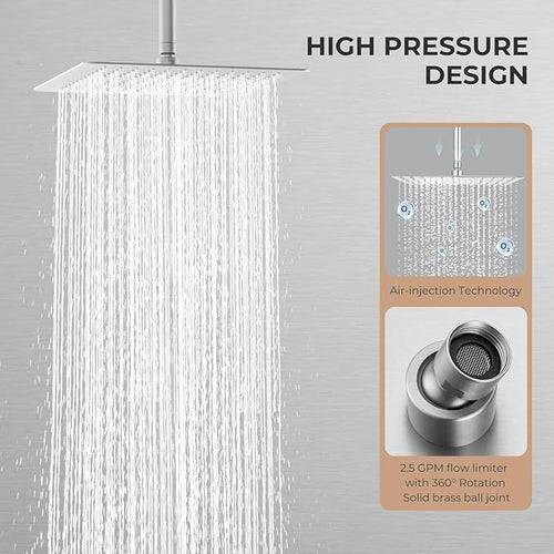 12 Inch Rain Shower Head, 12" Square Rainfall & High Pressure Stainless Steel Bath Shower Head, 1/16" Ultra Thin, Waterfall Full Body Coverage with Silicone Nozzle, Polished Chrome