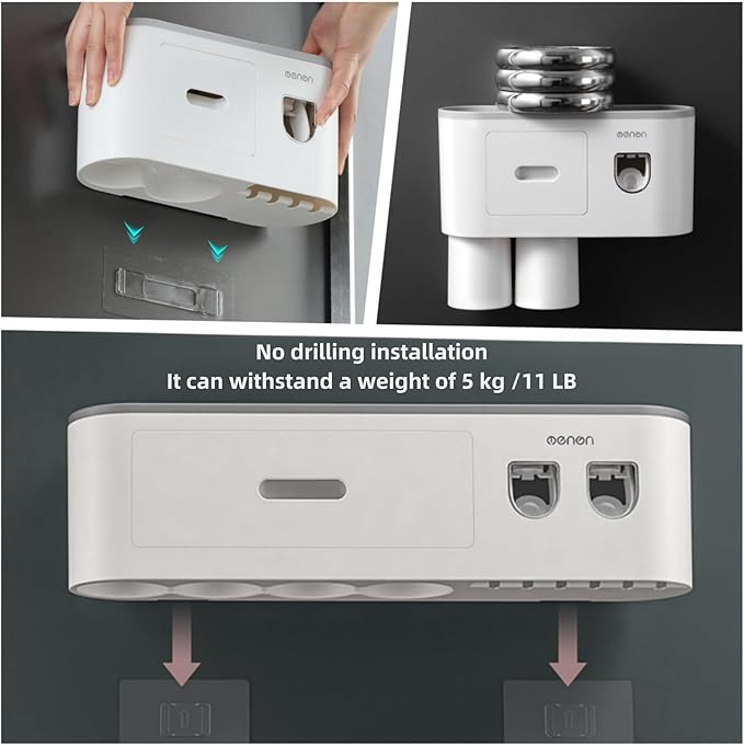No-Drill Wall Mounted Toothbrush Holder, Bathroom Shelf, with Automatic Toothpaste Dispensers 6 Brush Hooks Magnetic Cups 1 Cosmetic Drawer Organizer and Large Storage (2 Dispensers 2 Cups)