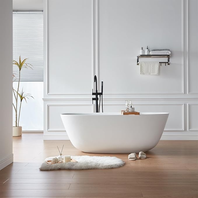 Cpingao (63"Lx31.5"Wx22"T) Stone Resin Solid Surface Freestanding Bathtub, Modern Elegant Design Soaking Stand Alone Tub, Matte White, Chrome Drain and Overflow Included 8823A