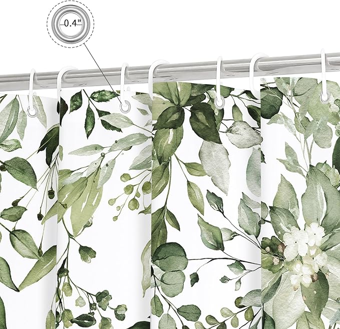 Gibelle Olive Green Eucalyptus Shower Curtain, Watercolor Plant Leaves with Floral Bathroom Shower Curtain Set with Hooks, 72x72