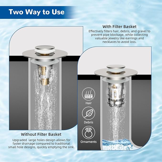 Hibbent Upgraded 3 in 1 Bathroom Sink Drain Strainer, Universal Pop Up Stopper with Removable Stainless Steel Filter Basket Hair Catcher, Sink Plug for 1.1''~2.36'' Basin, Brass Core, Brushed Nickel