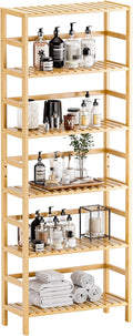 HITNET Bamboo Shelf, 6-Tier Adjustable Tall Open Bookcase, Bathroom Storage Rack Freestanding Shelving Unit, Plant Display Stand for Small Space, Natural